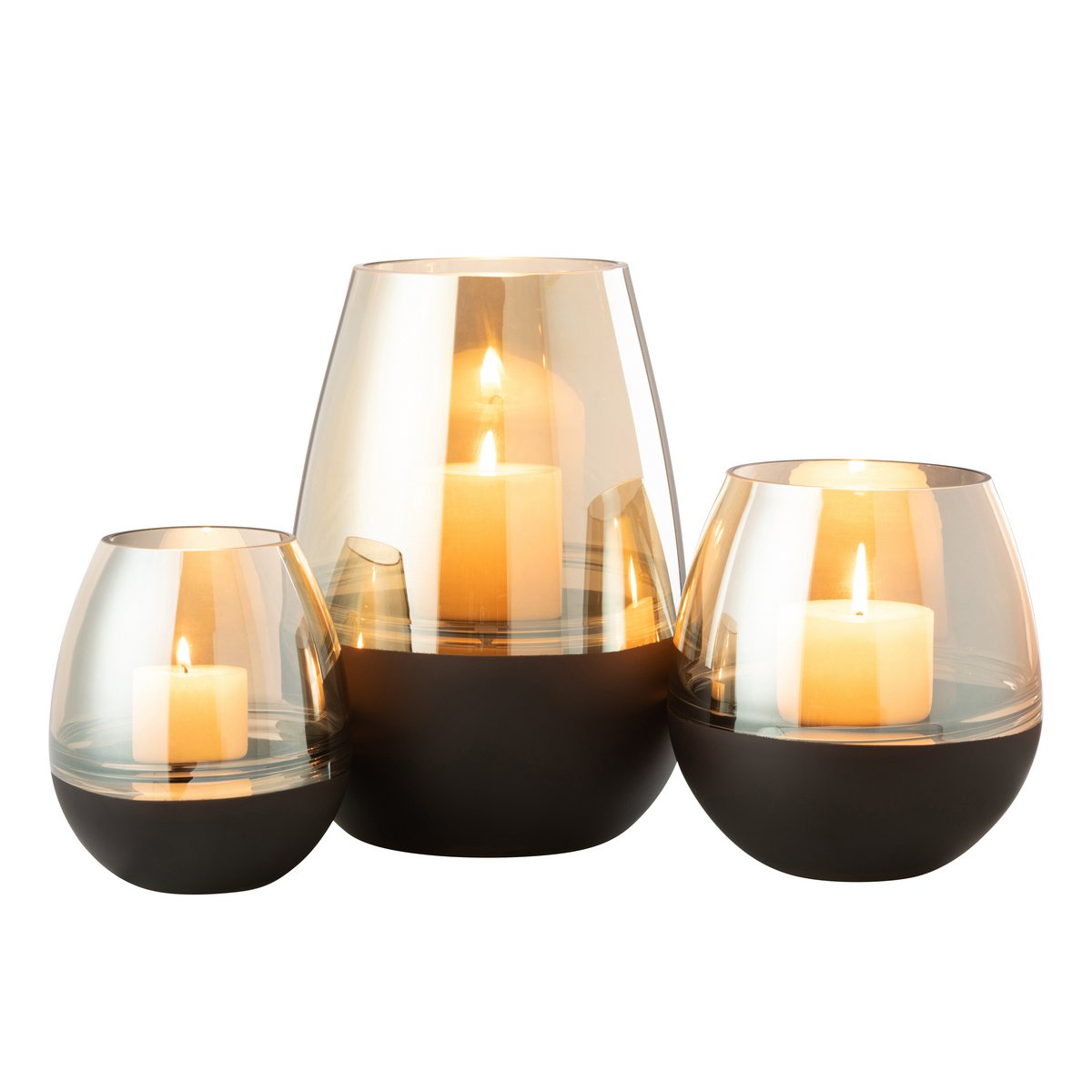 J-Line Theelichthouder/Vaas Lijnen Glas Zwart/Goud Large