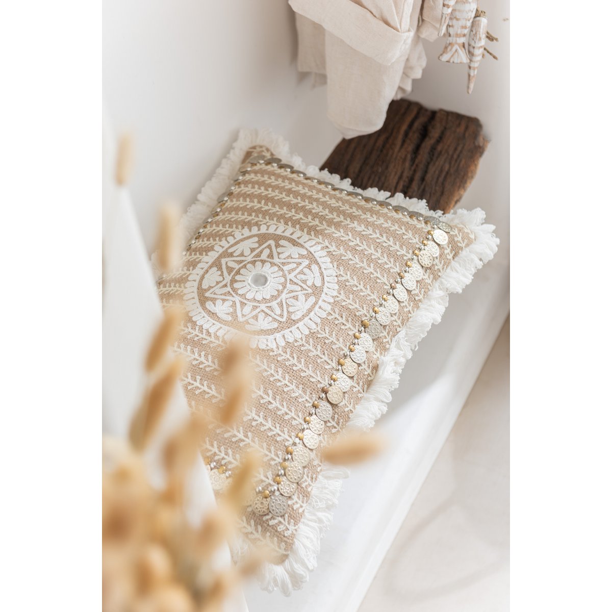 J-Line kussen Rechthoekig Patroon - jute - naturel/beige