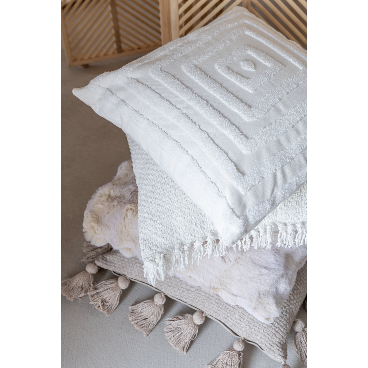 J-Line Kussen Gewoven+Franjes Viscose/Katoen Wit