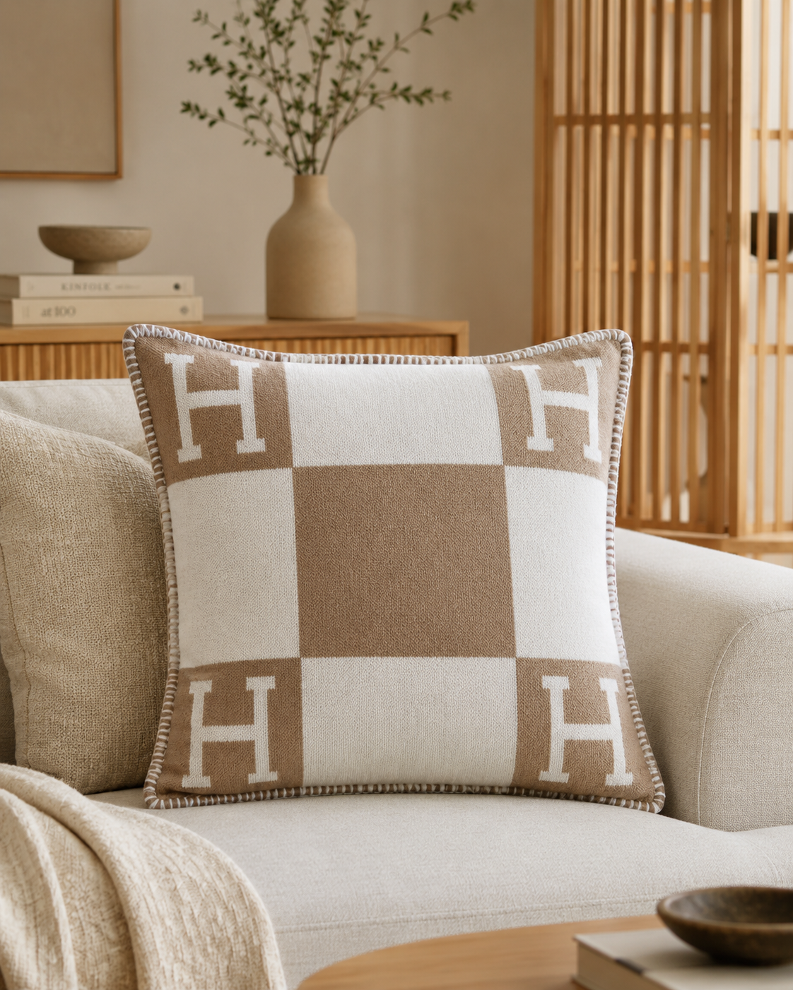 Luxe Hermes Style Kussen 45x45cm – bruin | Beige