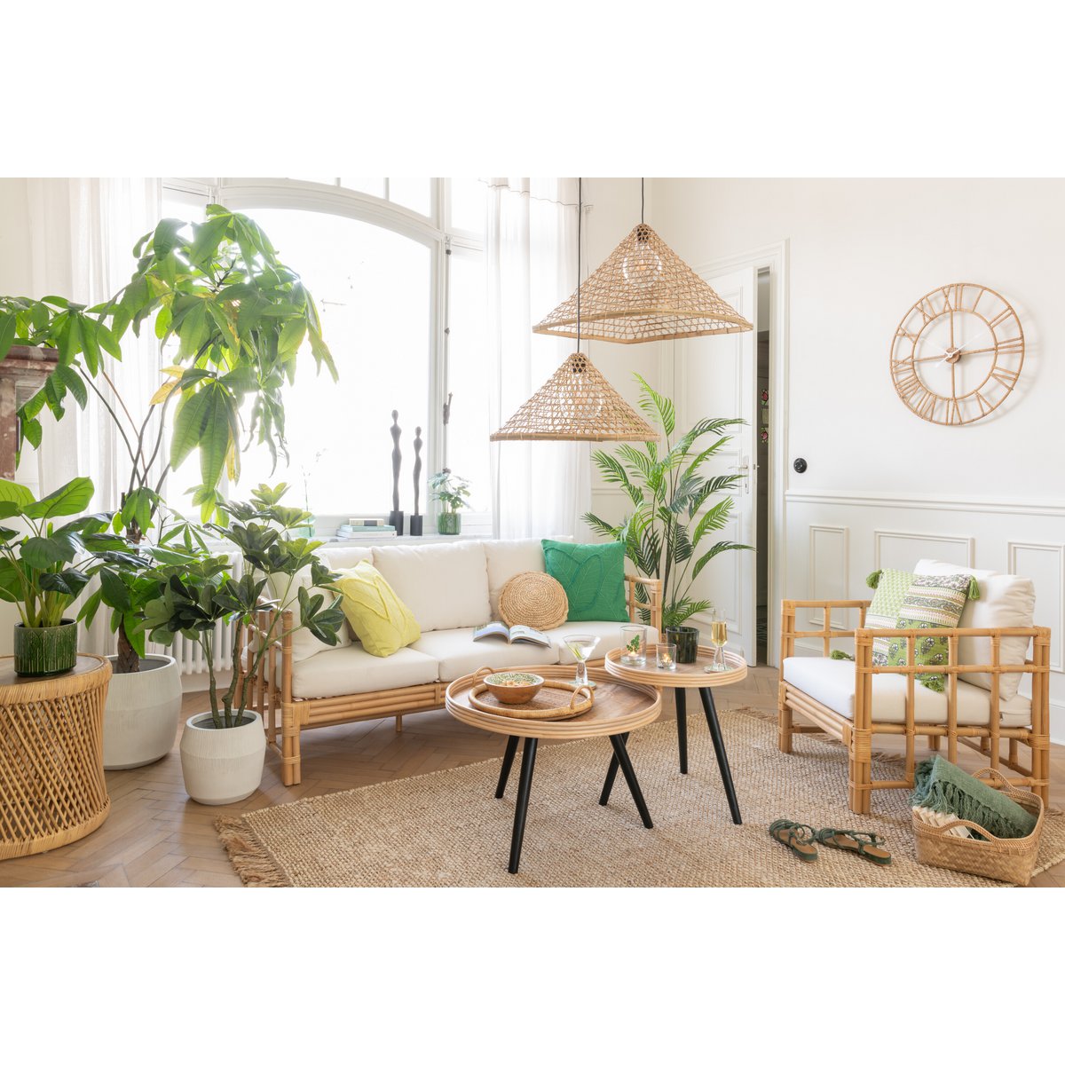 J-Line klok Roman - rotan/metaal - naturel - small - Ø 70 cm