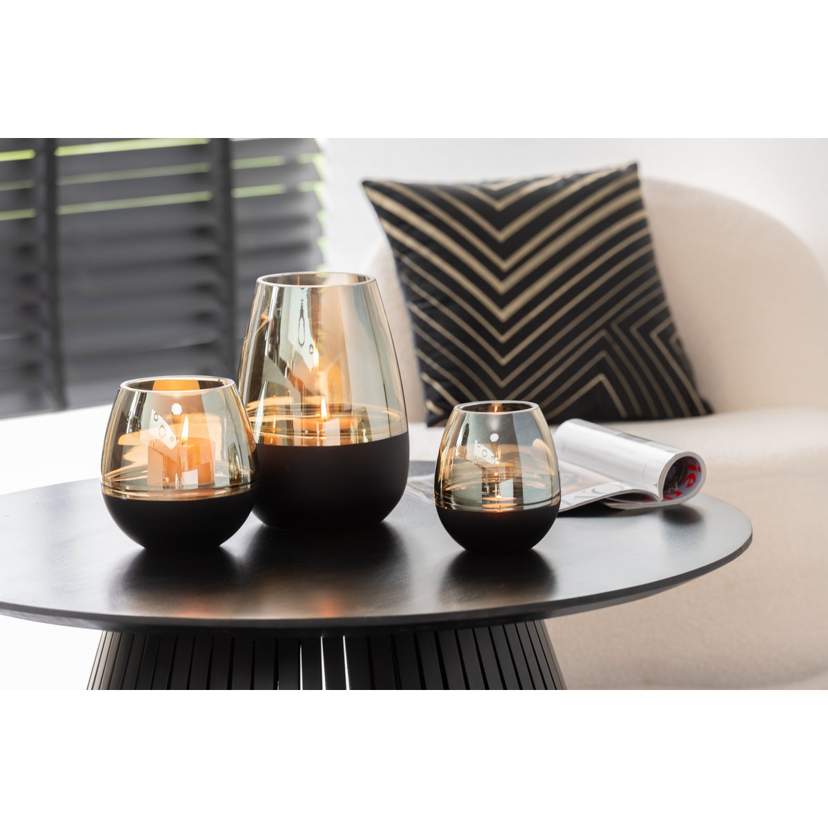 J-Line Theelichthouder/Vaas Lijnen Glas Zwart/Goud Medium