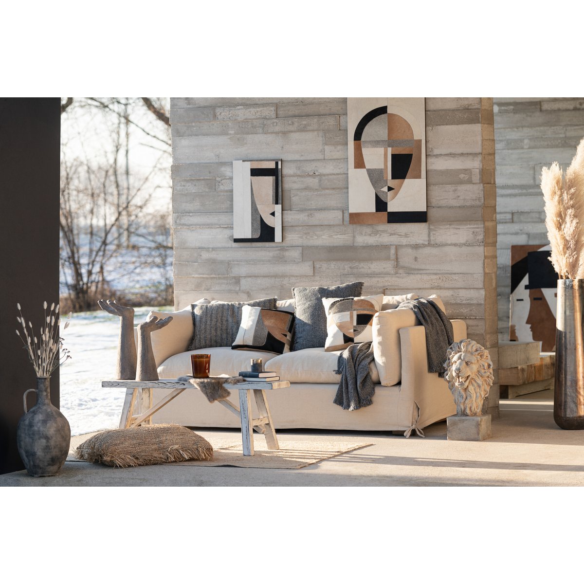J-Line kussen Etnic Rechthoek - katoen - blauw/beige