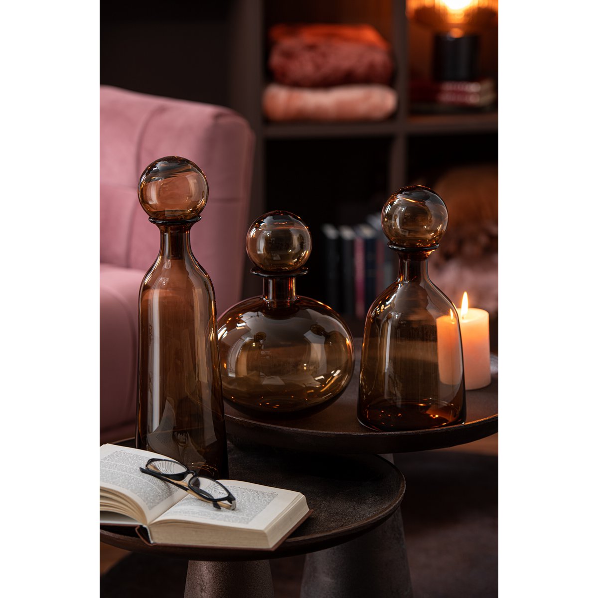 J-Line decoratie Fles + Stop Effen Laag - glas - bruin - small
