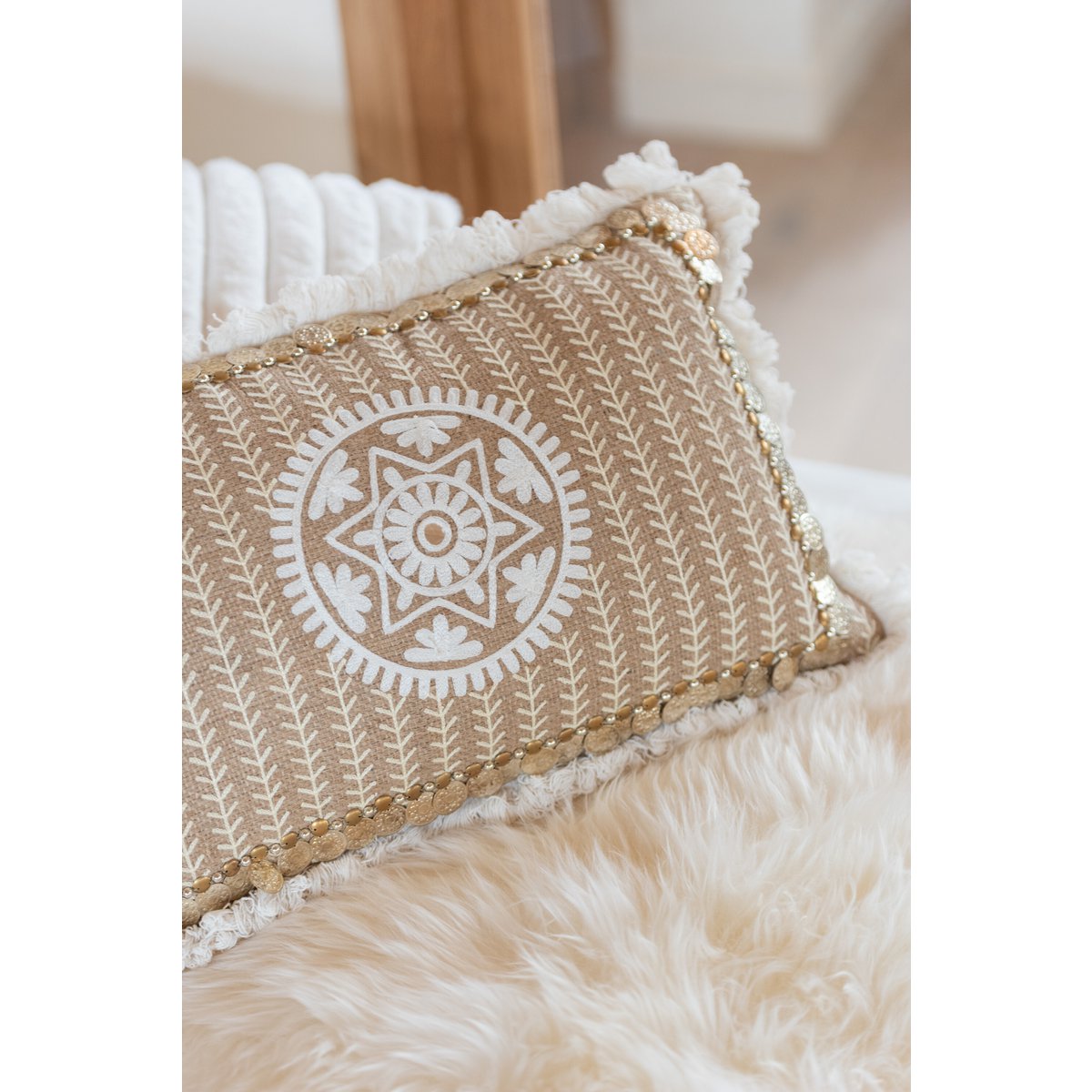 J-Line kussen Rechthoekig Patroon - jute - naturel/beige