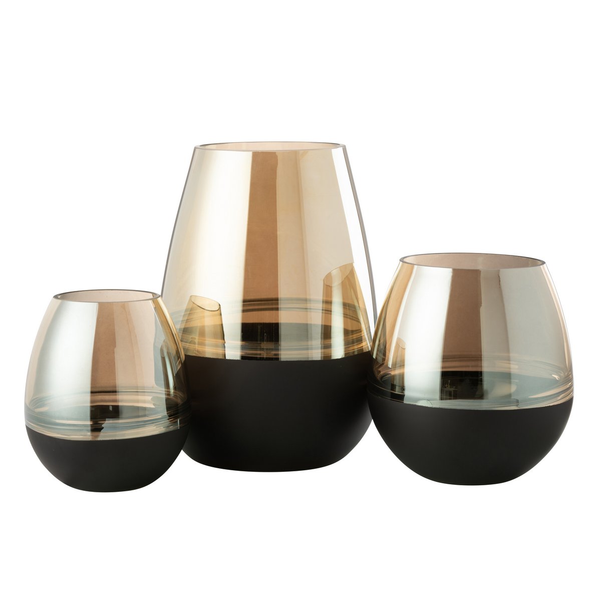 J-Line Theelichthouder/Vaas Lijnen Glas Zwart/Goud Large