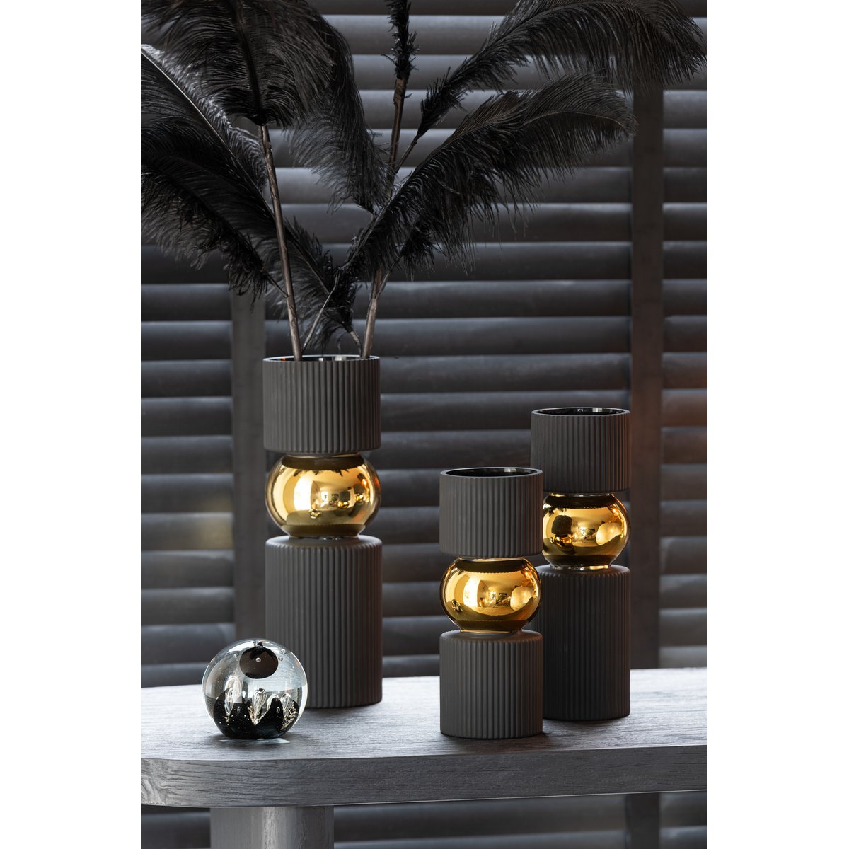 J-Line Vaas/Kaarshouder Snoep Glas Zwart/Goud Small