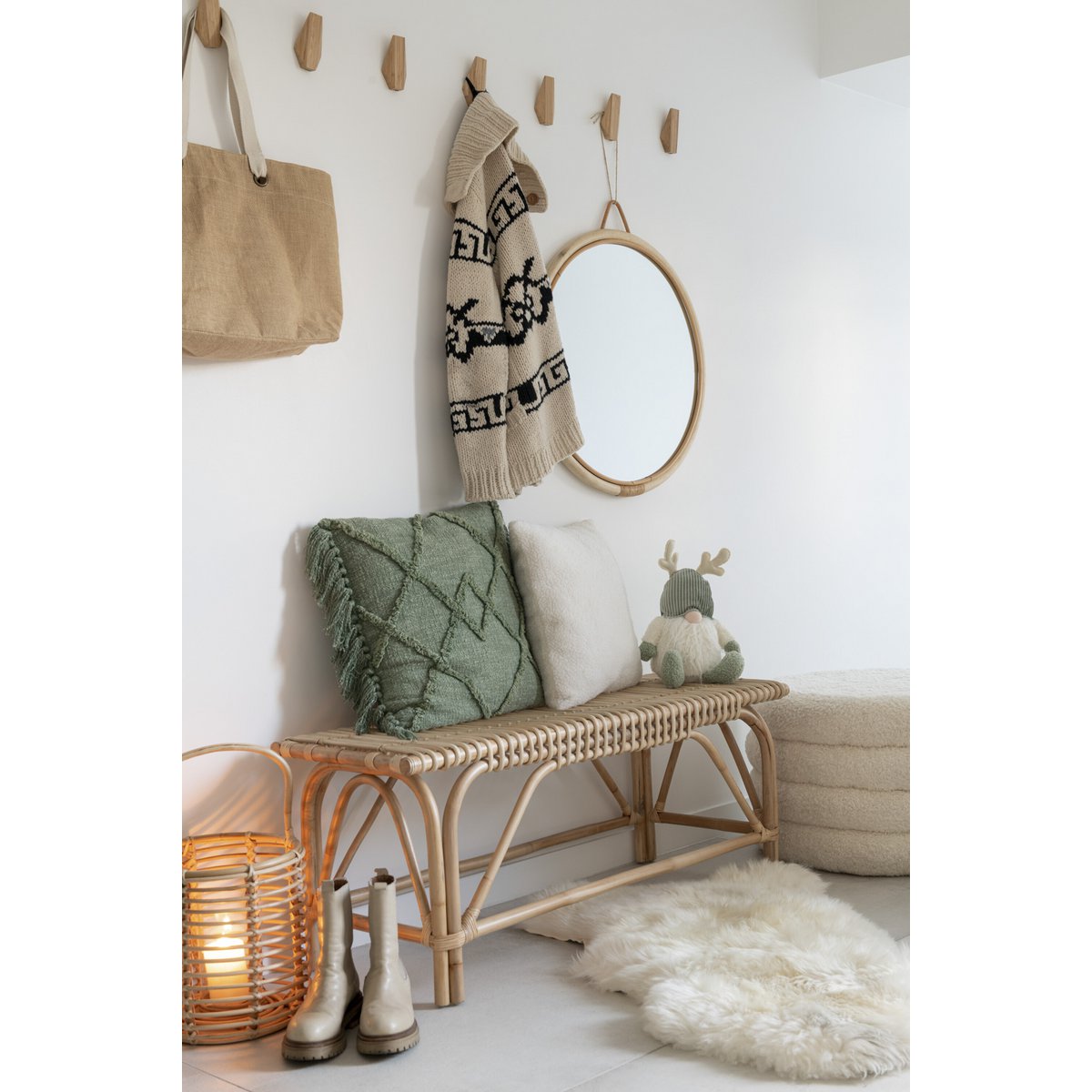 J-Line Poef Rond Teddy Polyester Wit