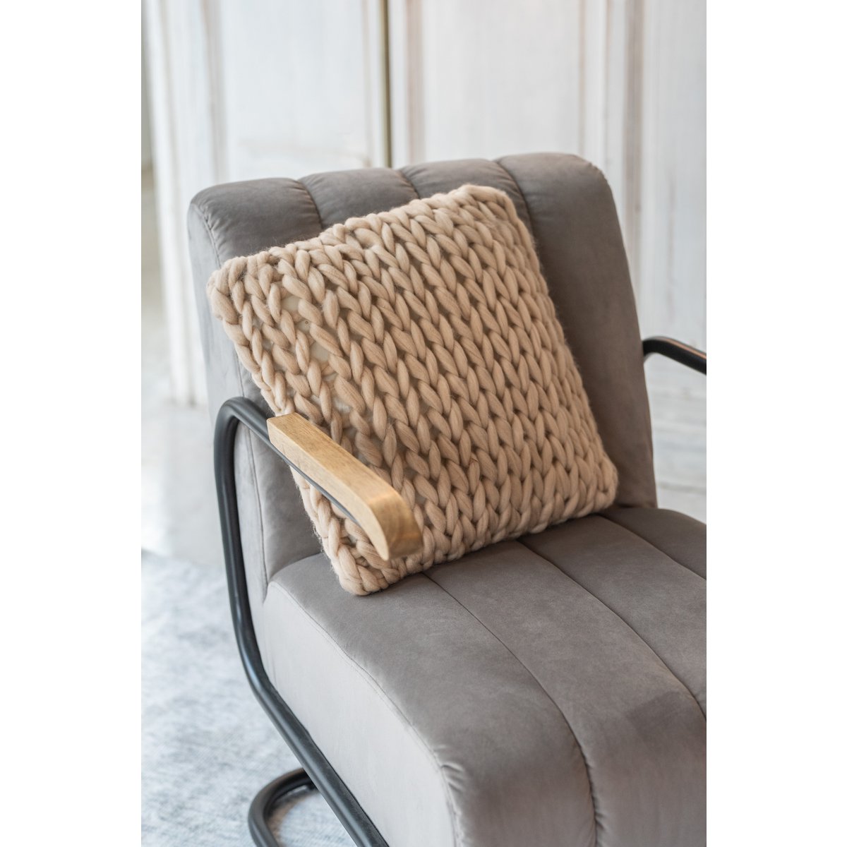 J-Line kussen Gebreid Acryl - polyester - creme